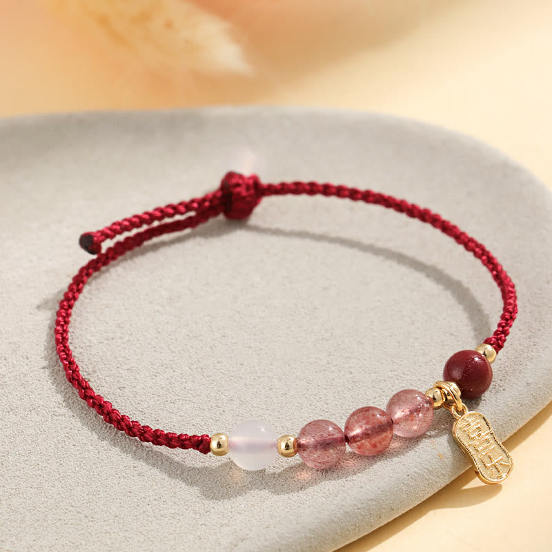 Pulsera positiva con hilo rojo, ágata blanca, jade y cuarzo fresa natural de Buddha Stones