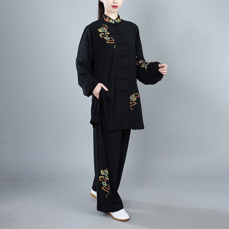 Conjunto de ropa unisex de algodón con Buddha Stones, 2 piezas, nubes auspiciosas de colores otoñales, meditación de Tai Chi, Qigong y Zen