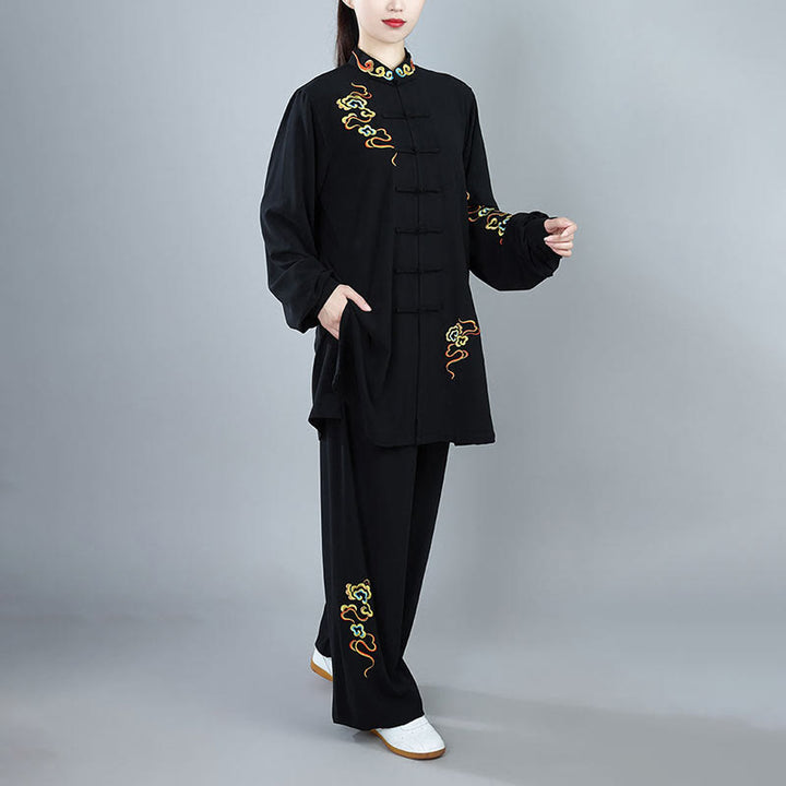 Conjunto de ropa unisex de algodón con Buddha Stones, 2 piezas, nubes auspiciosas de colores otoñales, meditación de Tai Chi, Qigong y Zen