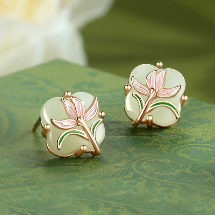 Buddha Stones 925 con diseño de mariposa magnolia y trébol de cuatro hojas de jade hetiano - Pendientes de jade hetiano - Plata de ley 925 bañada en oro rosa - image 10