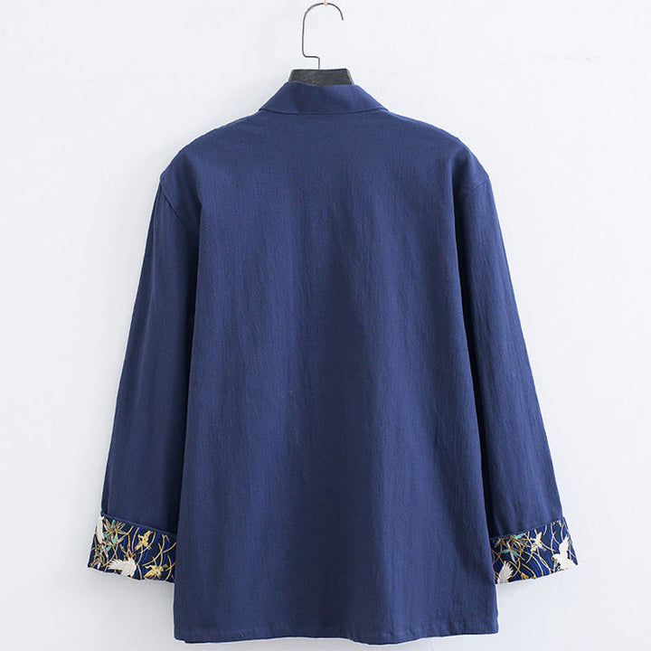 Traje Tang con botones de rana para hombre de Buddha Stones, chaqueta y camisa con bordado de grulla blanca de algodón y bolsillos