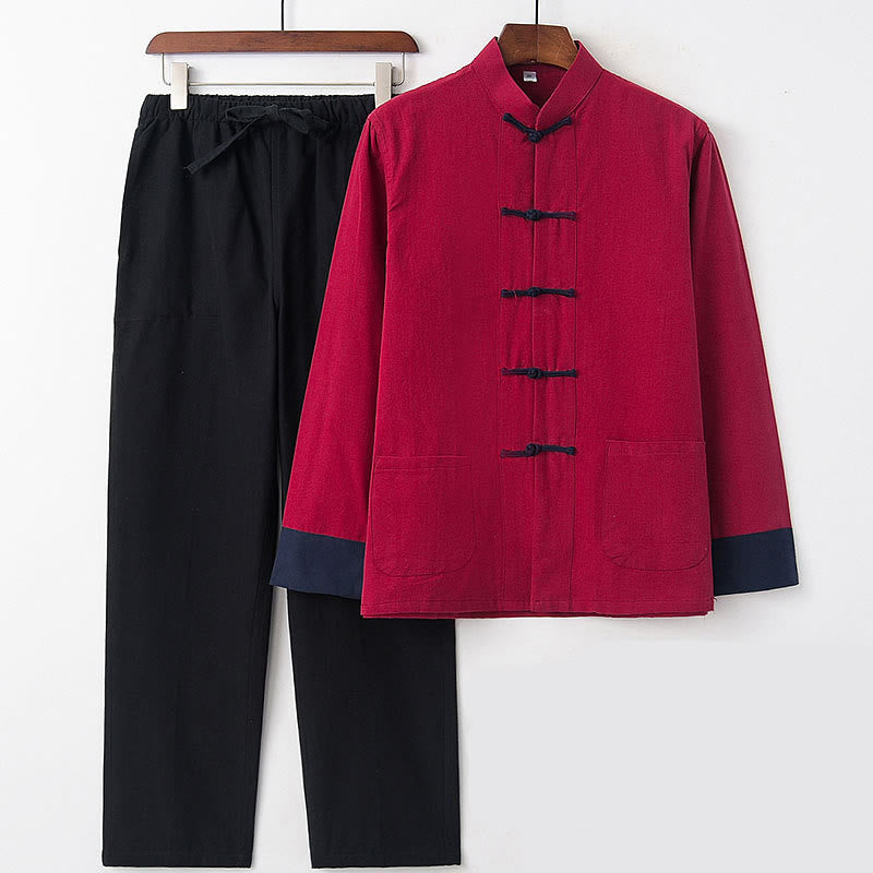 Conjunto de 2 piezas de camisa y pantalones de manga larga de algodón con botones de rana para hombre con Buddha Stones - Mangas azules de color rojo vino - US/UK/AU46, EU56 (5XL) - image 13