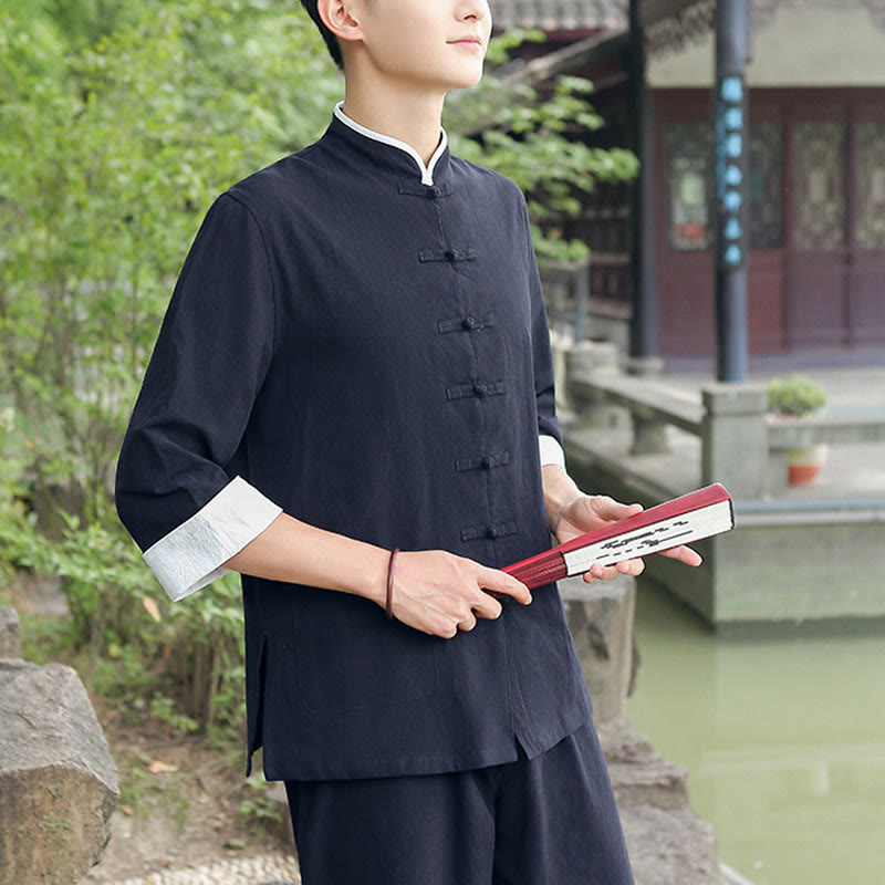 Conjunto de 2 piezas de camisa y pantalones de manga tres cuartos de algodón con botones de rana para hombre de Buddha Stones