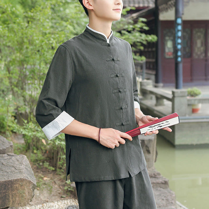 Conjunto de 2 piezas de camisa y pantalones de manga tres cuartos de algodón con botones de rana para hombre de Buddha Stones