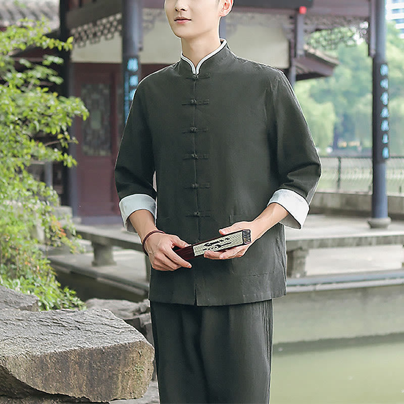 Conjunto de 2 piezas de camisa y pantalones de manga tres cuartos de algodón con botones de rana para hombre de Buddha Stones