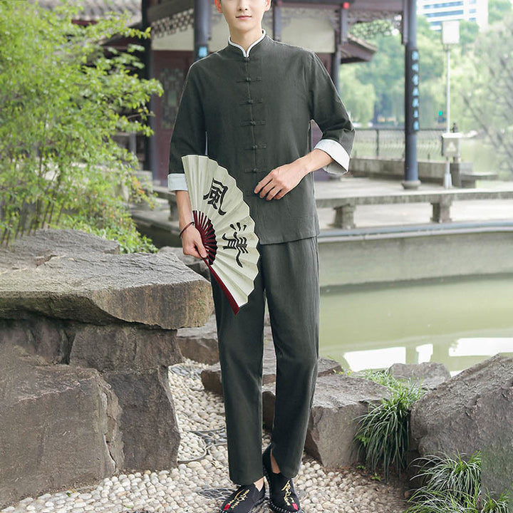 Conjunto de 2 piezas de camisa y pantalones de manga tres cuartos de algodón con botones de rana para hombre de Buddha Stones