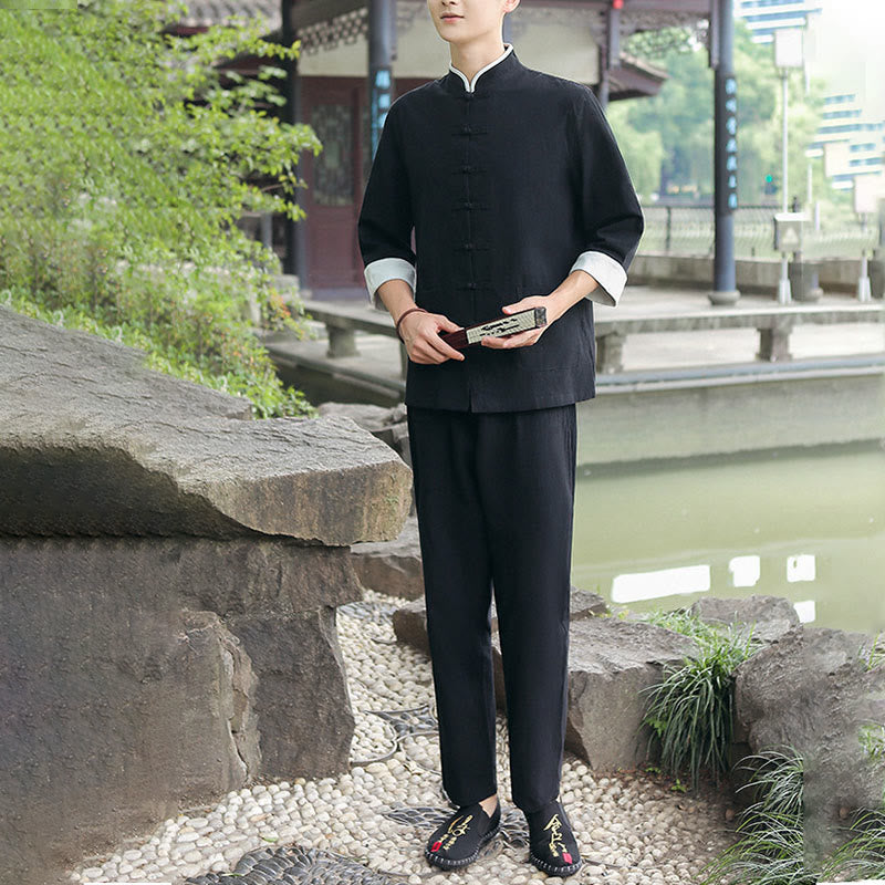 Conjunto de 2 piezas de camisa y pantalones de manga tres cuartos de algodón con botones de rana para hombre de Buddha Stones