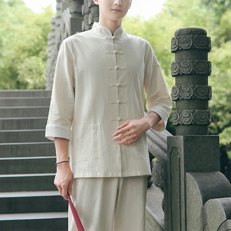 Conjunto de 2 piezas de camisa y pantalones de manga tres cuartos de algodón con botones de rana para hombre de Buddha Stones