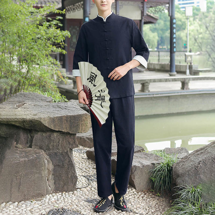 Conjunto de 2 piezas de camisa y pantalones de manga tres cuartos de algodón con botones de rana para hombre de Buddha Stones