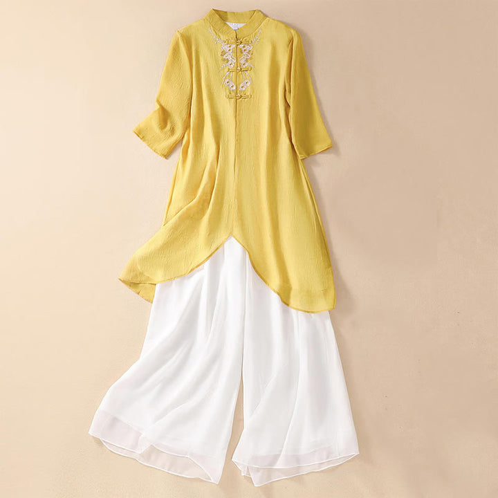 Vestido camisero con botones de rana y bordado de flores para mujer de Buddha Stones, pantalones de pierna ancha - image 0