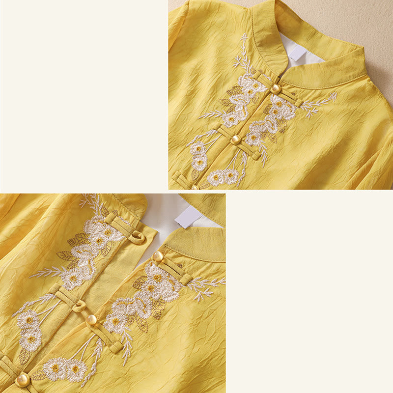 Vestido camisero con botones de rana y bordado de flores para mujer de Buddha Stones, pantalones de pierna ancha - image 13