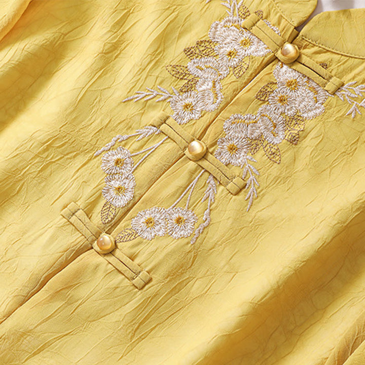 Vestido camisero con botones de rana y bordado de flores para mujer de Buddha Stones, pantalones de pierna ancha - image 6