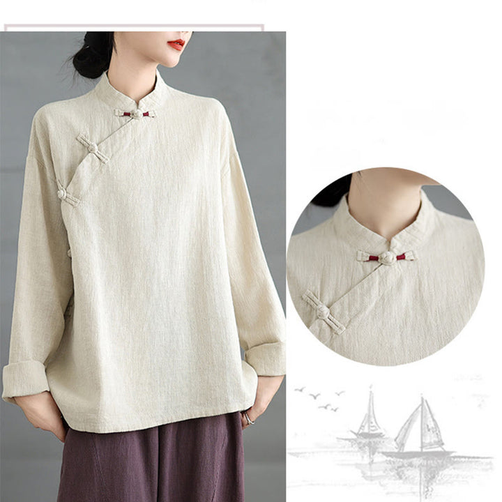 Camisa de mujer de manga larga con botones de rana en color liso con Buddha Stones - image 6