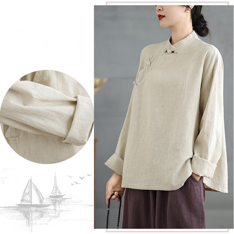 Camisa de mujer de manga larga con botones de rana en color liso con Buddha Stones - image 8