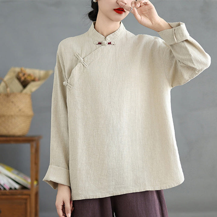 Camisa de mujer de manga larga con botones de rana en color liso con Buddha Stones - image 1