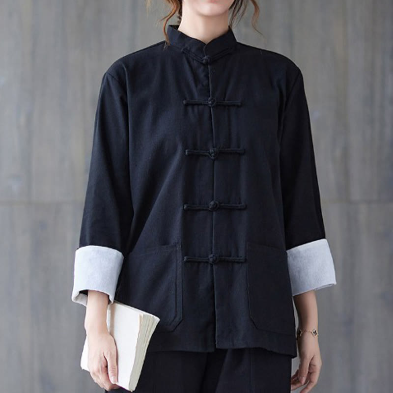 Camisa de manga larga con botones de rana para mujer con Buddha Stones, pantalones de meditación, ropa de lino y algodón