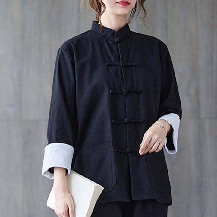 Camisa de manga larga con botones de rana para mujer con Buddha Stones, pantalones de meditación, ropa de lino y algodón