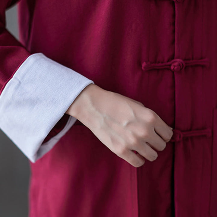 Camisa de manga larga con botones de rana para mujer con Buddha Stones, pantalones de meditación, ropa de lino y algodón
