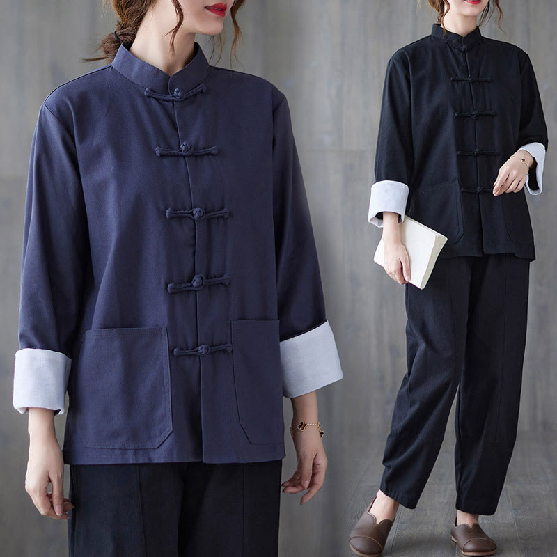 Camisa de manga larga con botones de rana para mujer con Buddha Stones, pantalones de meditación, ropa de lino y algodón