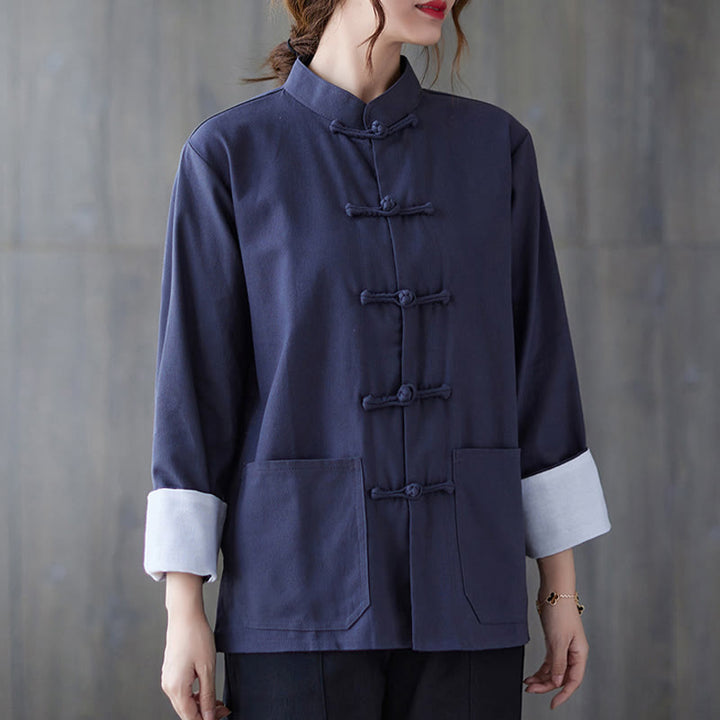 Camisa de manga larga con botones de rana para mujer con Buddha Stones, pantalones de meditación, ropa de lino y algodón