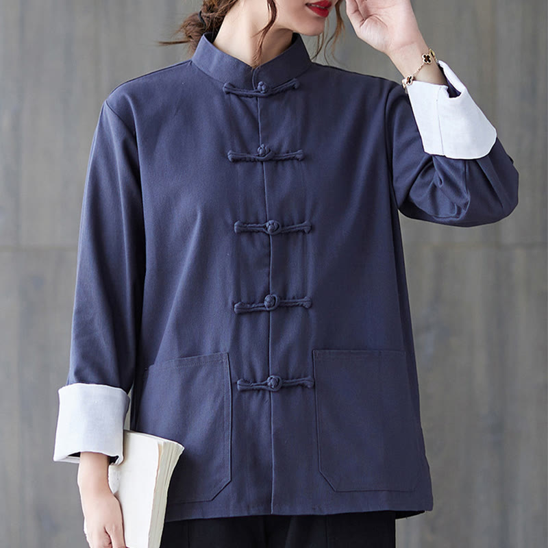 Camisa de manga larga con botones de rana para mujer con Buddha Stones, pantalones de meditación, ropa de lino y algodón