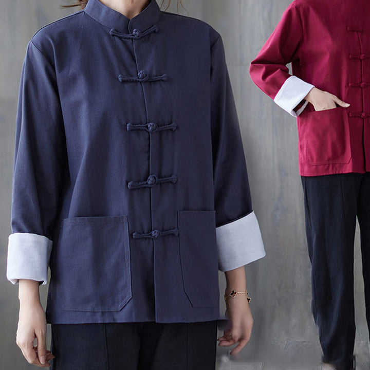 Camisa de manga larga con botones de rana para mujer con Buddha Stones, pantalones de meditación, ropa de lino y algodón