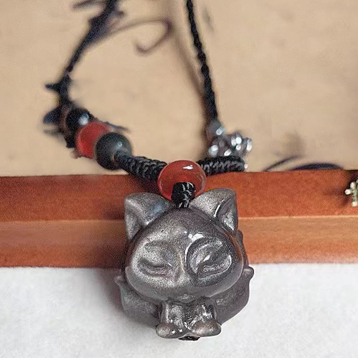 Collar con colgante de protección de zorro de nueve colas con obsidiana y brillo de plata natural con Buddha Stones