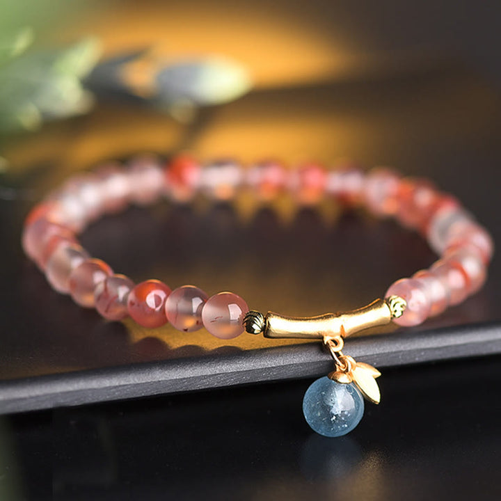 Pulsera de la suerte con Buddha Stones, ágata roja del sur, aguamarina, perla, jade hetiano, flor de bambú