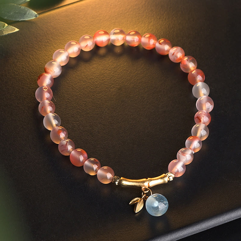 Pulsera de la suerte con Buddha Stones, ágata roja del sur, aguamarina, perla, jade hetiano, flor de bambú