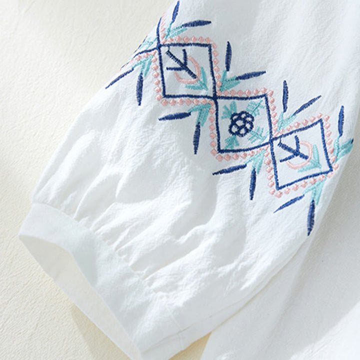 Camisas de mujer de lino y algodón con botones y manga larga con bordado geométrico de Buddha Stones