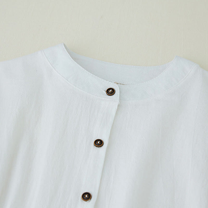 Camisas de mujer de lino y algodón con botones y manga larga con bordado geométrico de Buddha Stones