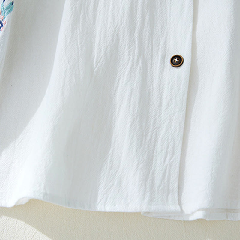 Camisas de mujer de lino y algodón con botones y manga larga con bordado geométrico de Buddha Stones