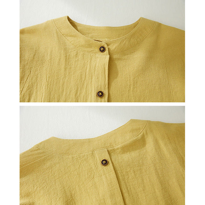 Camisas de mujer de lino y algodón con botones y manga larga con bordado geométrico de Buddha Stones