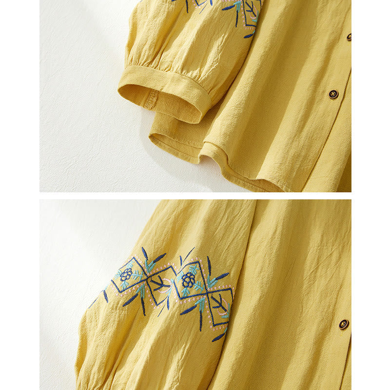 Camisas de mujer de lino y algodón con botones y manga larga con bordado geométrico de Buddha Stones