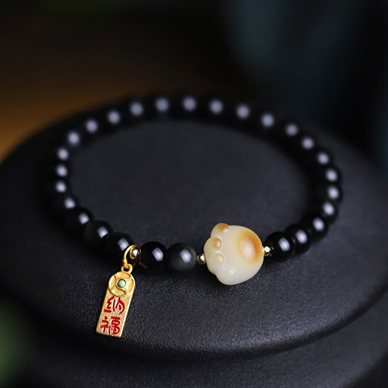 Pulsera purificadora con amuleto de la suerte y la fortuna con semillas de Bodhi y pata de gato de obsidiana negra y Buddha Stones - image 9