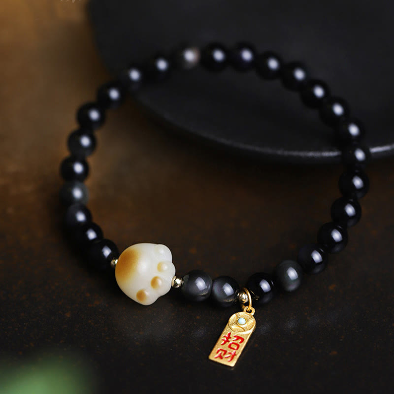 Pulsera purificadora con amuleto de la suerte y la fortuna con semillas de Bodhi y pata de gato de obsidiana negra y Buddha Stones - image 3