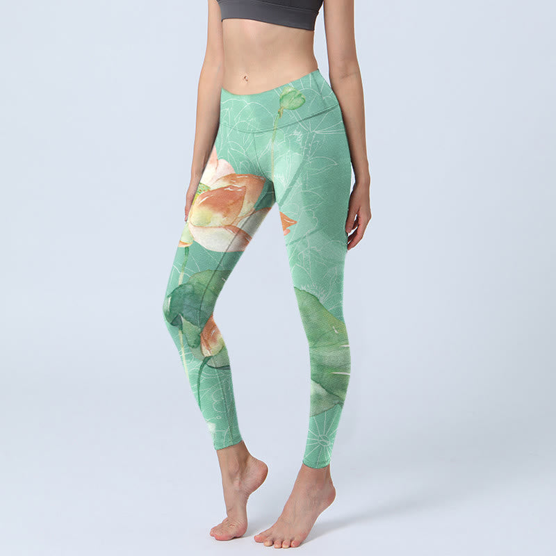 Leggings de yoga para mujer con estampado de Buddha Stones de loto y vainas de semillas - Verde primavera mediano - US18,UK/AU22,EU50 (4XL) - image 1