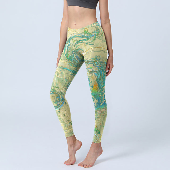 Pantalones de yoga para mujer con estampado de fénix azul y verde y Buddha Stones - VerdeAmarillo - US18,UK/AU22,EU50 (4XL) - image 1