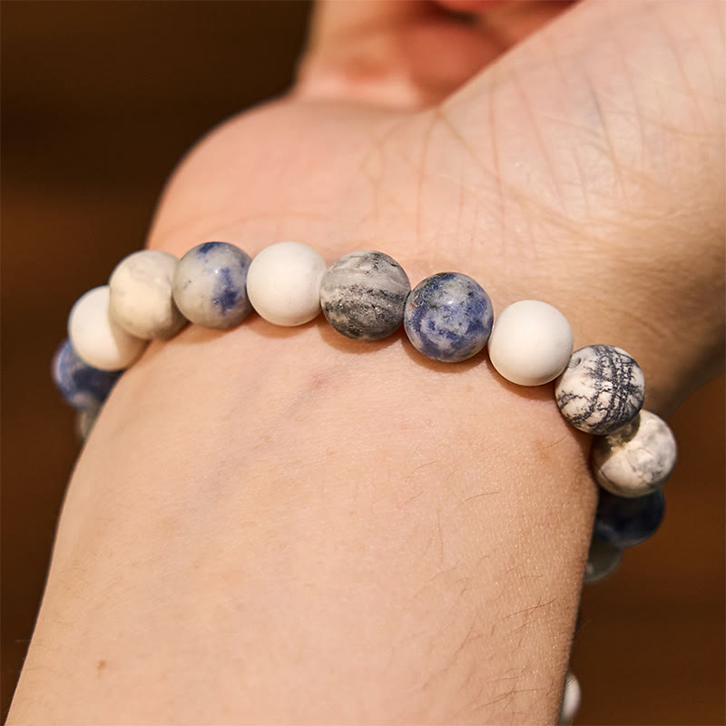Pulsera de relajación con jaspe picasso, turquesa blanca y jaspe de puntos azules de Buddha Stones