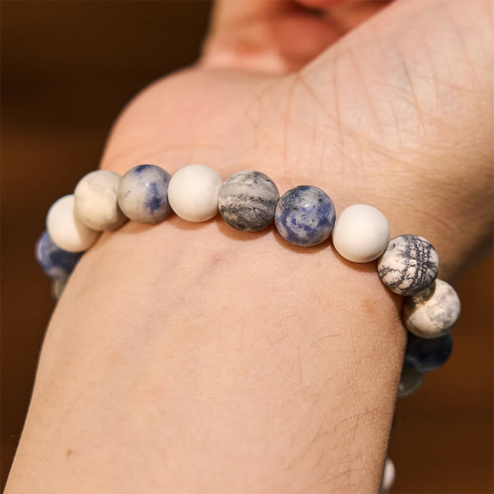 Pulsera de relajación con jaspe picasso, turquesa blanca y jaspe de puntos azules de Buddha Stones