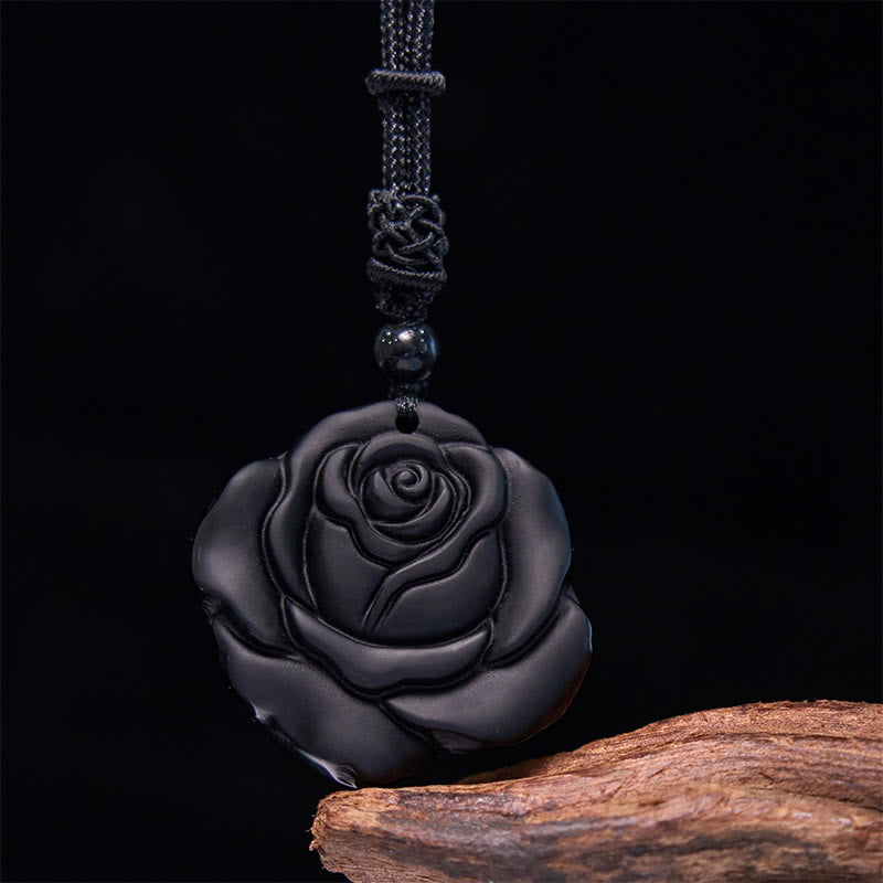 Colgante de collar purificador de rosa negra con hilo de obsidiana negra y Buddha Stones