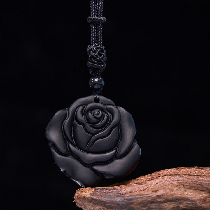 Colgante de collar purificador de rosa negra con hilo de obsidiana negra y Buddha Stones