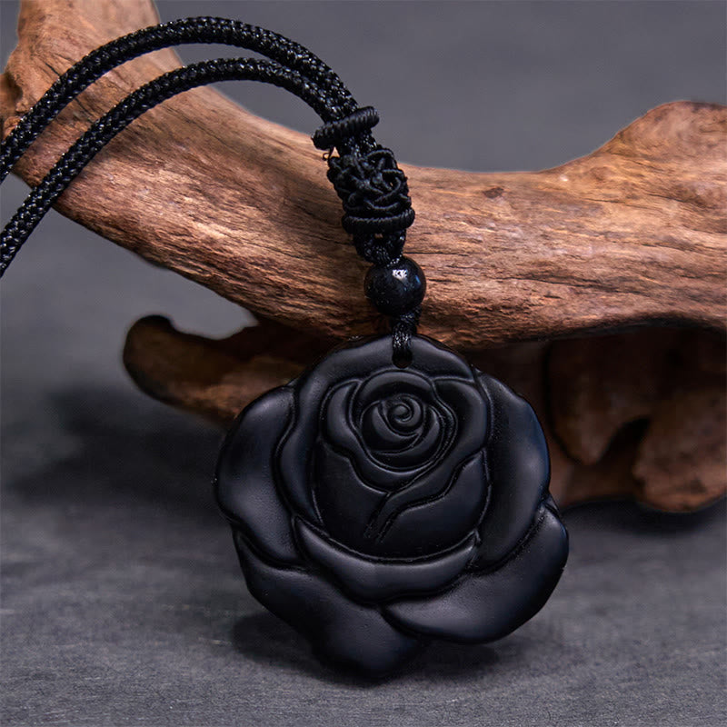 Colgante de collar purificador de rosa negra con hilo de obsidiana negra y Buddha Stones