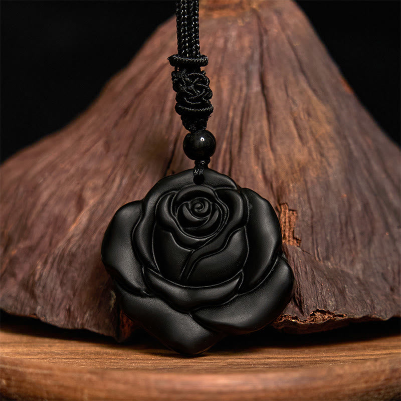 Colgante de collar purificador de rosa negra con hilo de obsidiana negra y Buddha Stones