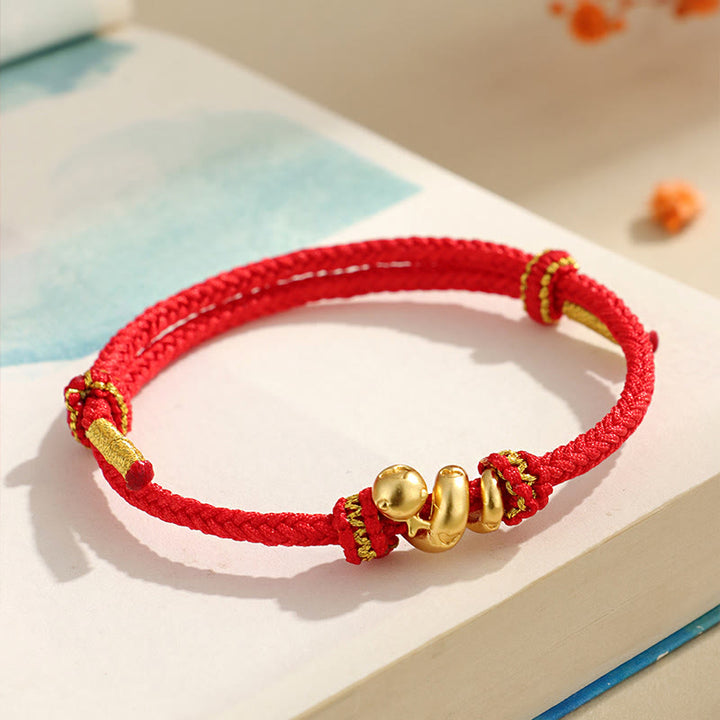 Pulsera trenzada de protección con hilo rojo del año dorado de la serpiente en plata de ley 999 hecha a mano con Buddha Stones