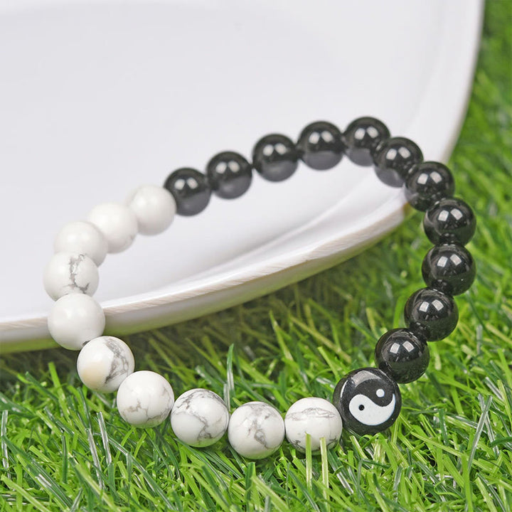 Pulsera de fuerza Yinyang Tai Chi con obsidiana natural y turquesa blanca y Buddha Stones