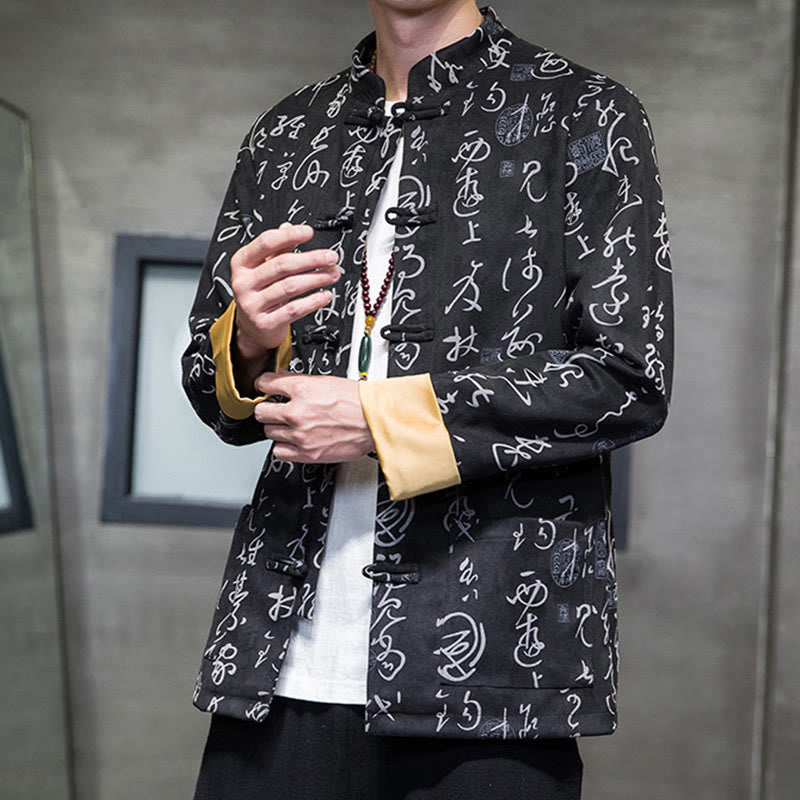 Traje Tang con Buddha Stones de rana para hombre con estampado de caligrafía china, chaqueta de piel de ciervo y poliéster, camisa con bolsillos