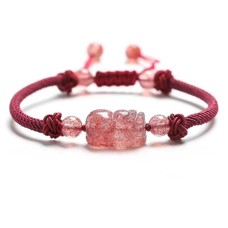 Pulsera trenzada protectora de hilo rojo PiXiu con cuarzo fresa natural y Buddha Stones