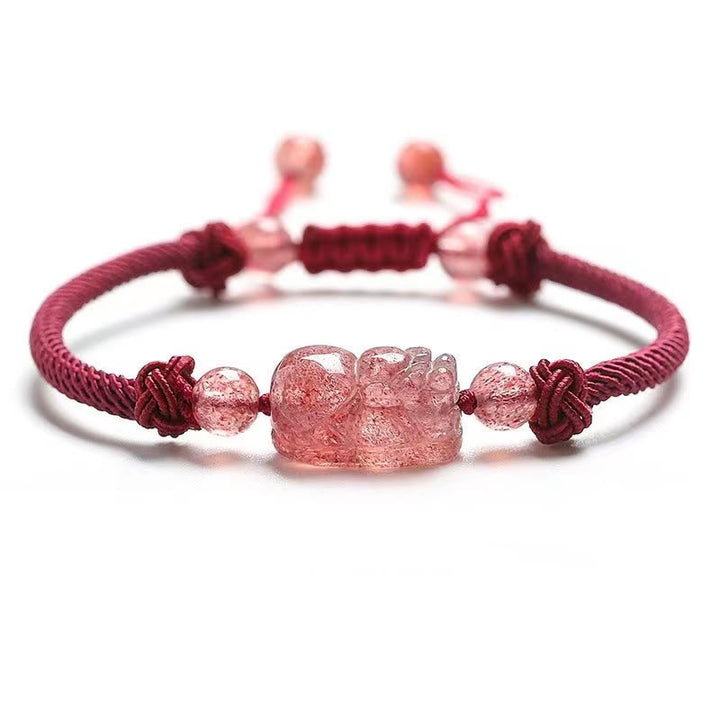 Pulsera trenzada protectora de hilo rojo PiXiu con cuarzo fresa natural y Buddha Stones