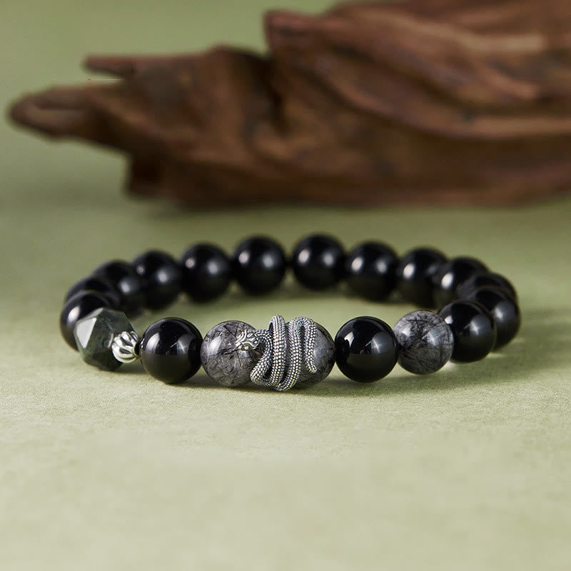 Pulsera de purificación del año de la serpiente en plata de ley 925 con obsidiana negra y cuarzo rutilado negro y Buddha Stones - Obsidiana negra, cuarzo rutilado negro, plata de ley 925 (circunferencia de la muñeca: 18-20 cm) - image 0